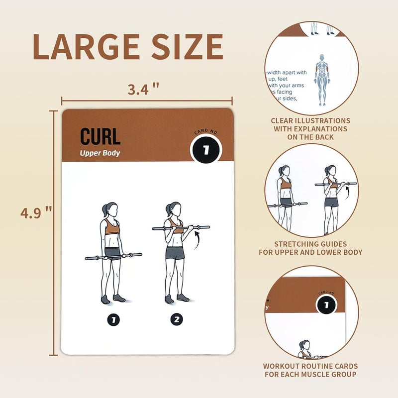 ELAORY Barbell Workout Cards, 62 Exercises Cards Deck Large Size 5" x 3.5" Fitness Cards for Women & Men, Beginner Fitness Guide to Training Exercises at Home or Gym - Image 2